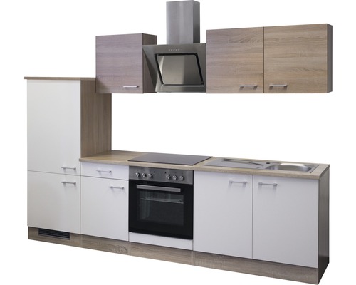 Kompletní kuchyňská linka se závěsnými skříňkami, digestoří, dřezem, varnou deskou a troubou