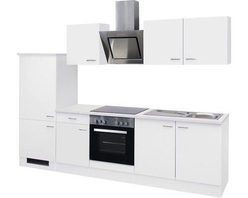 Kuchyňská linka s dřezem, sporákem, troubou, digestoří a bílými skříňkami