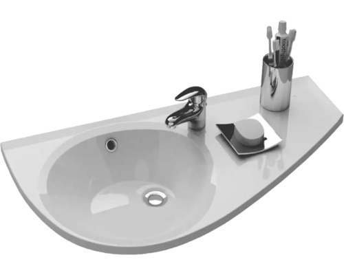 Keramické umyvadlo s vodovodní baterií, mýdlem a držákem na zubní kartáčky