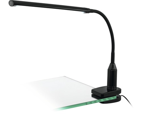 Černá klipsová lampa s flexibilním ramenem na stolní desce