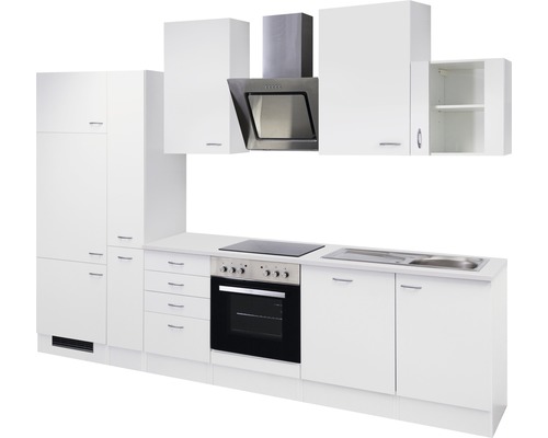 Kompletní bílá kuchyně se skříňkami, digestoří, umyvadlem a sporákem