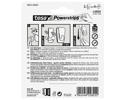 Dekorační háčky Tesa Powerstrips, včetně čtyř proužků Powerstrips, pro připevnění a odstranění dekorací