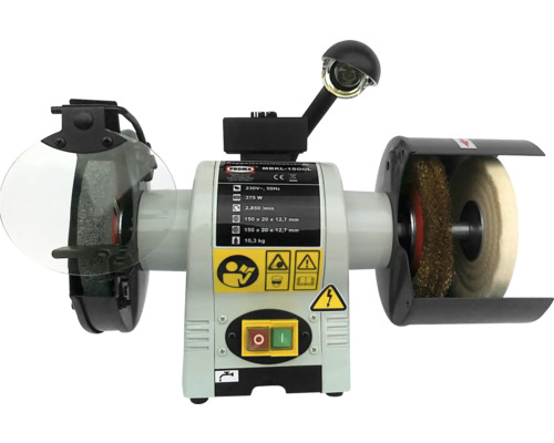 Dvoukotoučová bruska s ochranným štítem a pracovním světlem