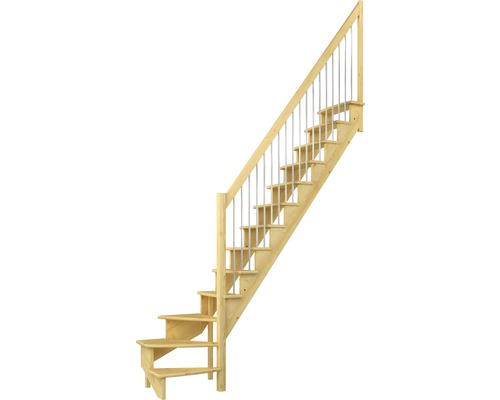 Schodiště Pertura Filia 1/4 stočené dole vpravo šířka 75 cm borovice 12 stupňů kovové zábradlí Schodiště Pertura Filia 1/4 stočené dole vpravo šířka 75 cm borovice 12 stupňů kovové zábradlí