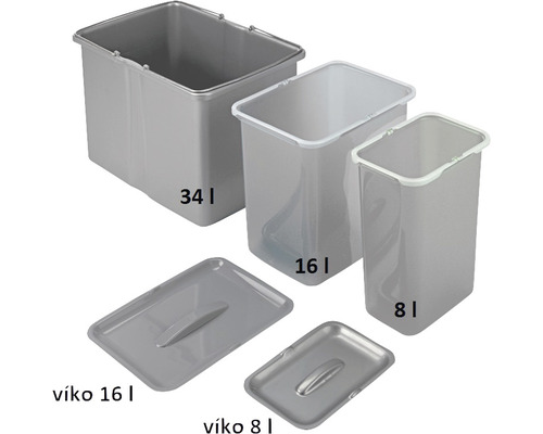Tři šedé odpadkové koše o objemu 34 litrů, 16 litrů a 8 litrů a dvě šedá víka pro 16litrové a 8litrové koše.