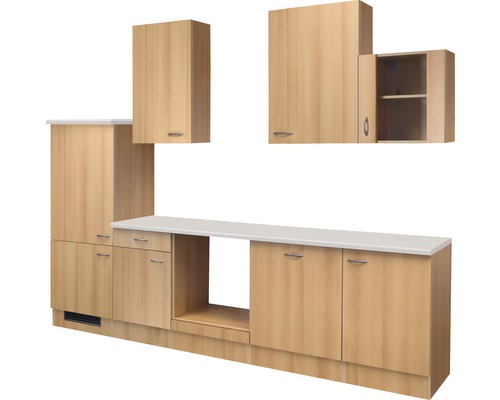 Kuchyňský blok Flex Well Nano 280 cm barva čela buk matná barva korpusu buk Kuchyňská linka s horními a dolními skříňkami a pracovní deskou