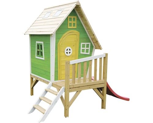Dřevěný hrací domek se skluzavkou a schody