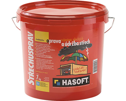 Hmota na opravu střech v červeném kbelíku o hmotnosti 7 kilogramů.
