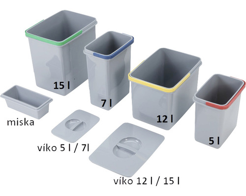 Sada odpadkových nádob různých velikostí s víky