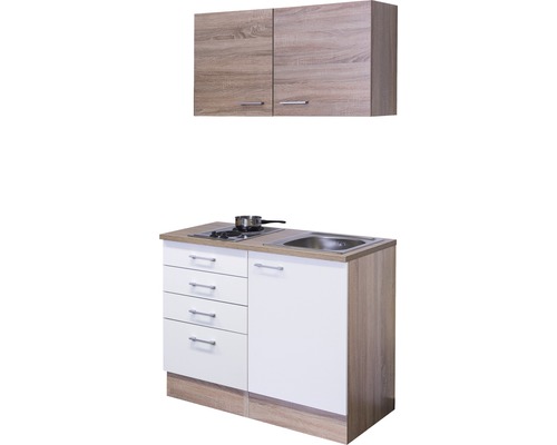 Kompaktní kuchyňská linka s dřezem, varnou deskou a závěsnou skříňkou