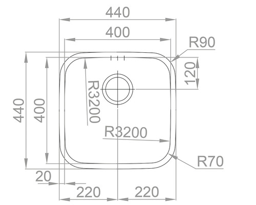 Technický nákres dřezu s rozměry