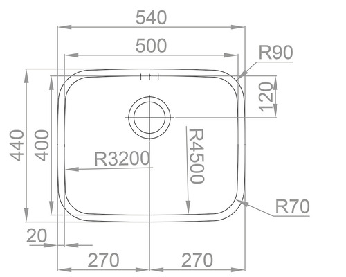 Výkres dřezu s rozměry