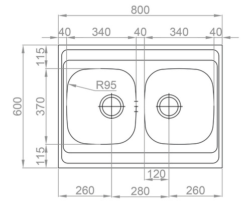 Nákres dřezu se dvěma mísami a rozměry