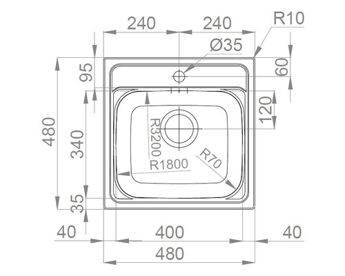 Technický nákres dřezu s rozměry