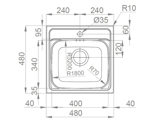 Nákres dřezu s rozměry.