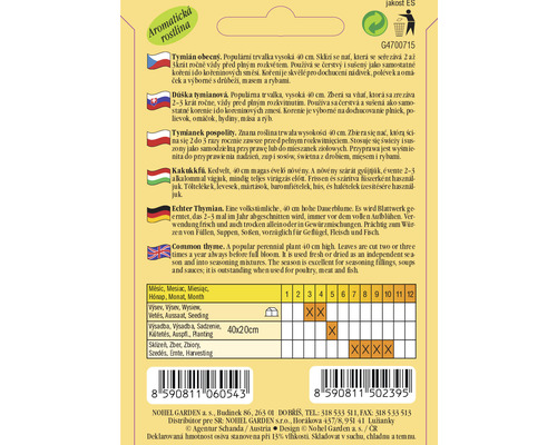 Balíček semen tymiánu s informacemi o pěstování a sklizni