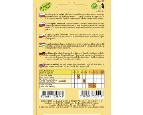 Balíček semen trpasličí bazalky s informacemi o pěstování a sklizni