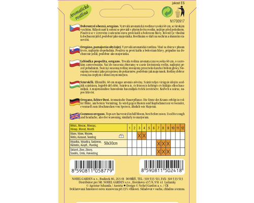 Balíček semen oregana s informacemi o pěstování a sklizni