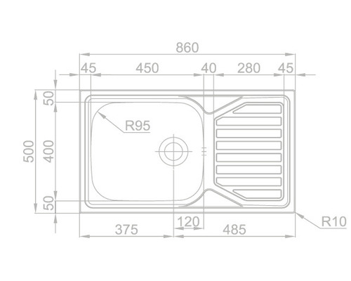 Technický nákres kuchyňského dřezu s rozměry