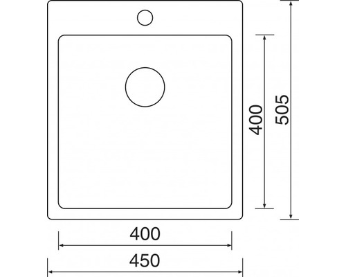Technický nákres dřezu s rozměry 400 x 450 x 505 mm
