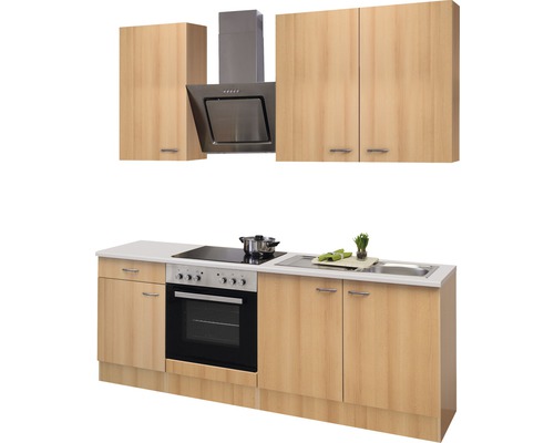 Kompletní kuchyně s dřezem, sporákem, troubou, digestoří a závěsnými skříňkami.