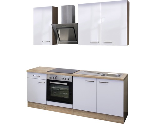 Kuchyňská linka s dřezem, sporákem, troubou, digestoří a závěsnými skříňkami