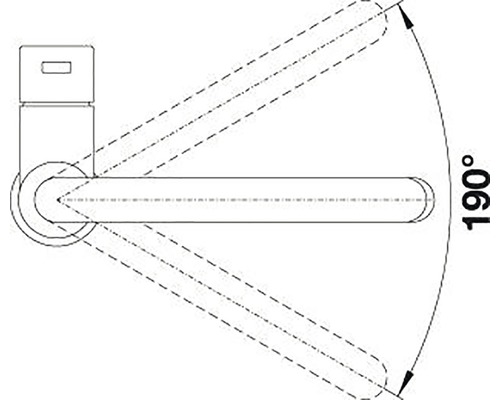 Nákres kliky dveří s rozsahem otáčení 190 stupňů