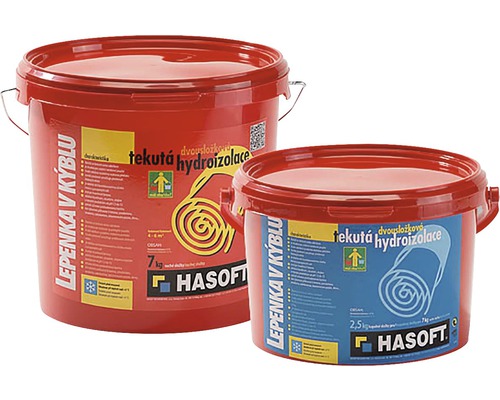 Tekutá lepenka HASOFT Lepenka v kýblu dvousložková 9,5 kg Dva kbelíky tekuté hydroizolace se sedmi kilogramy a dvěma a půl kilogramy hmotnosti náplně