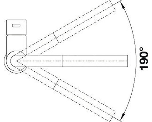 Nákres vodovodní baterie s rozsahem otáčení 190 stupňů