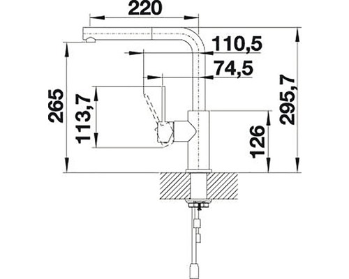 Technický výkres kuchyňské baterie s rozměry