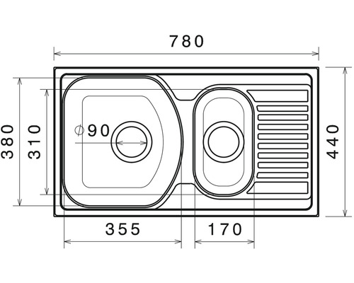 Technický nákres dřezu s rozměry