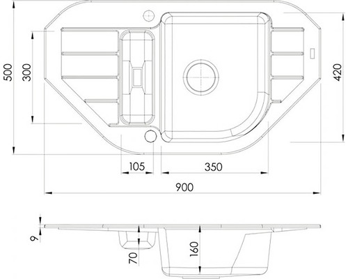 Technický výkres dřezu s rozměry