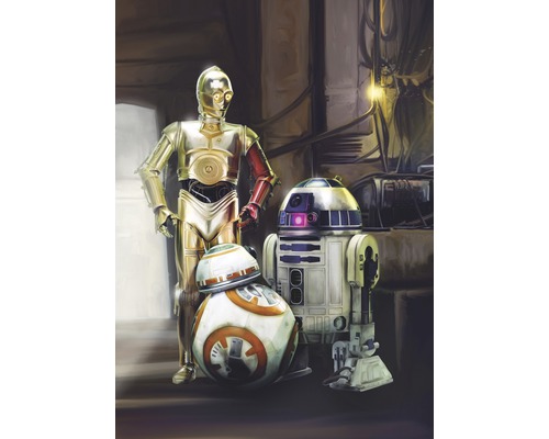 Ilustrace droidů C-3PO, R2-D2 a BB-8