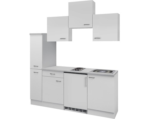 Kompaktní kuchyňská linka s dřezem, varnou deskou, lednicí a závěsnými skříňkami.