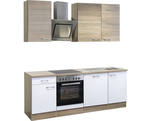 Kuchyňská linka se závěsnými skříňkami, digestoří, dřezem a elektrickým sporákem