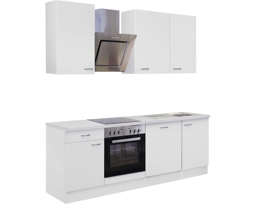 Kuchyňská linka se závěsnými skříňkami, digestoří, dřezem, sporákem a troubou