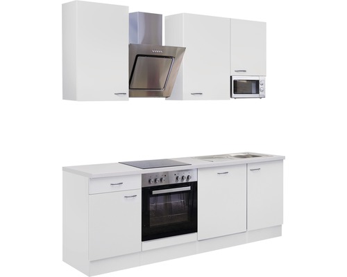 Kompletní kuchyňská linka s dřezem, sporákem, troubou, digestoří, mikrovlnnou troubou a horními skříňkami