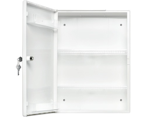 Otevřená lékárnička s klíčem a dvěma policemi