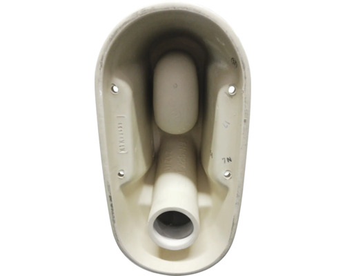 Spodní strana keramické toaletní mísy s upevňovacími otvory a odpadní trubkou