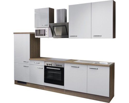 Kompletní kuchyňská linka s dřezem, sporákem, digestoří, mikrovlnnou troubou a nástěnnými skříňkami