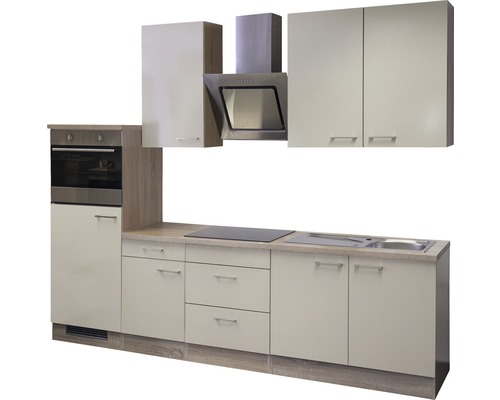 Kuchyňská linka s dřezem, sporákem, troubou, digestoří a nástěnnými skříňkami