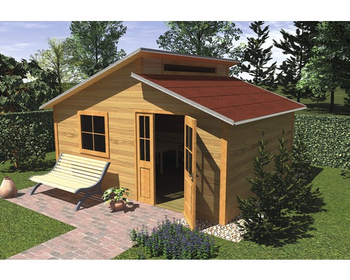 Dřevěný zahradní domek s lavičkou, oknem a otevřenými dveřmi v zahradním prostředí