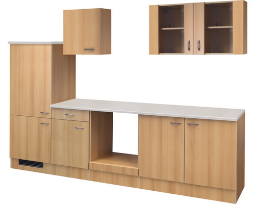 Kuchyňský blok Flex Well Nano 270 cm barva čela buk matná barva korpusu buk Kuchyňská linka s horními a dolními skříňkami a pracovní deskou