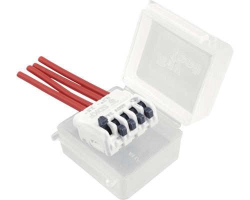 Elektrická připojovací svorka s červenou kabeláží v průhledné krabici