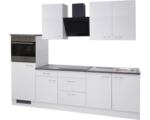 Kompletní kuchyně s dřezem, sporákem, troubou, odsavačem par a bílými skříňkami