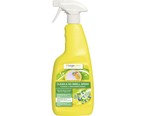 Dezinfekční spray Bogaclean Clean & Smell Spray 750 ml Bogaclean Clean & No Smell Spray pro odstranění skvrn a zápachu ve žluté rozprašovací lahvi