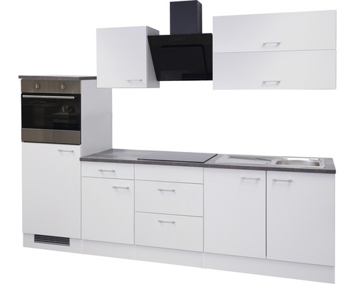Kuchyňská linka s horními a dolními skříňkami, troubou, varnou deskou, dřezem a odsavačem par