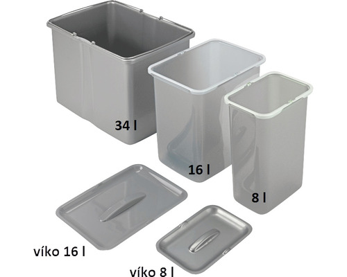 Sada odpadkových nádob o objemu 8 litrů, 16 litrů a 34 litrů s víky