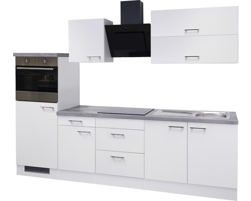 Kuchyňská linka s dřezem, sporákem, troubou, digestoří a bílými skříňkami