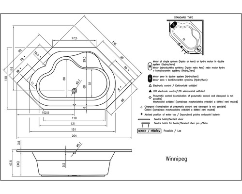 Technický nákres vany Winnipeg s rozměry